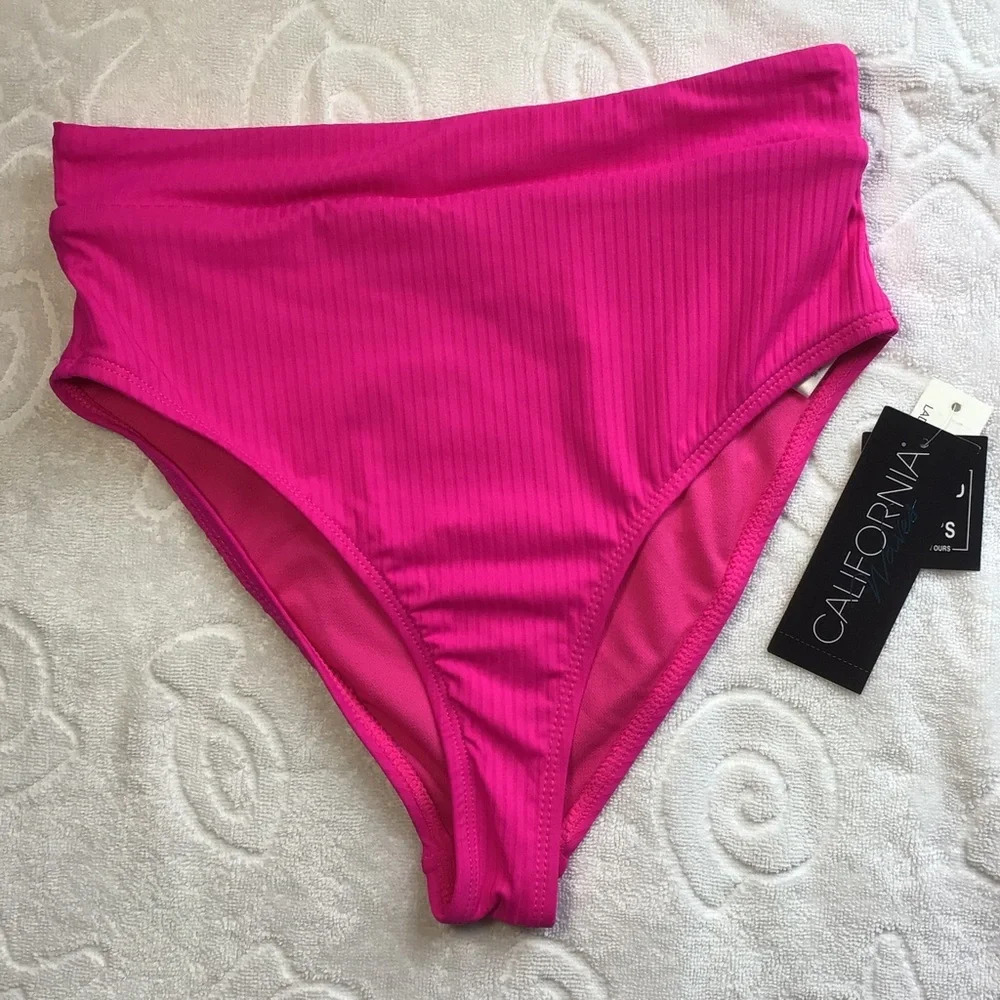 California Waves Fuchsia Pink Ribbed High Waist Bikini Bottom - Size XS